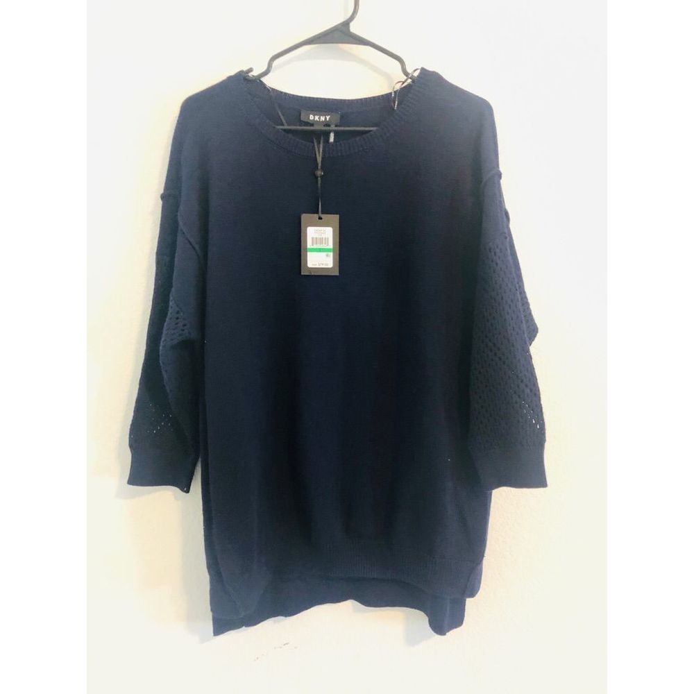 DNKY navy blue Womens sweater size L, 100% cotton mesh  sleeves